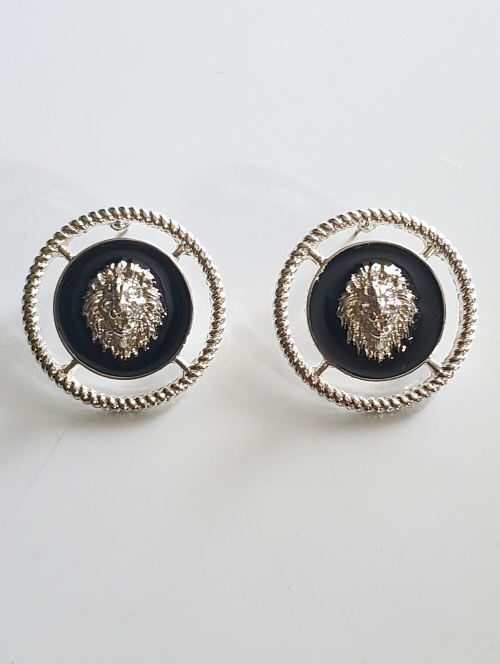 Silver Lion Medallion Black Enamel Stud Earrings